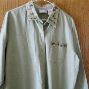 Shirt Button FrontGreen Floral Long Sleeves Size L